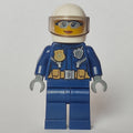 fig-007890 – Policewoman, Dark Blue Jacket with Radio, Badge, and Belt with Pouches, White Helmet with Visor, Light Blue Sunglasses