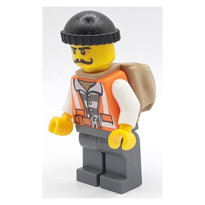 fig-007891 – Criminal, Open Orange Safety Vest Over Prison Shirt, Black Hat, Moustache