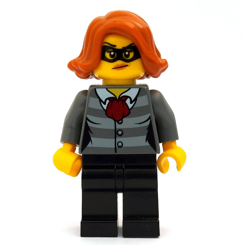 fig-007892 – Criminal, Woman, Prison Shirt with Dark Red Scarf, Dark Orange Hair, Black Eyemask