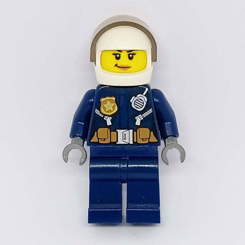 fig-007894 – Policewoman, Dark Blue Jacket with Radio, Badge, and Belt with Pouches, White Helmet with Trans-Brown Visor, Smirk (3626cpr2113 Head)