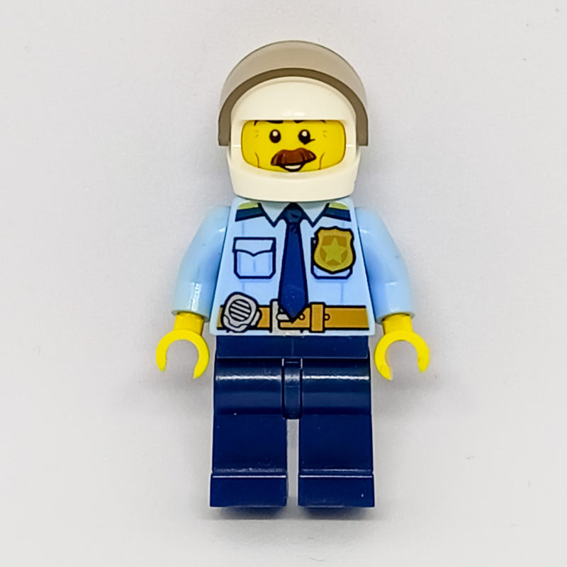 fig-007895 – Bright Light Blue Shirt with Dark Blue Tie, Badge, and Radio on Belt, Dark Blue Legs, White Helmet with Visor, Moustache