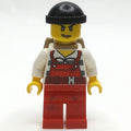 fig-007896 – Criminal, Red Overalls over Prison Shirt, Black Hat, Dark Tan Backpack