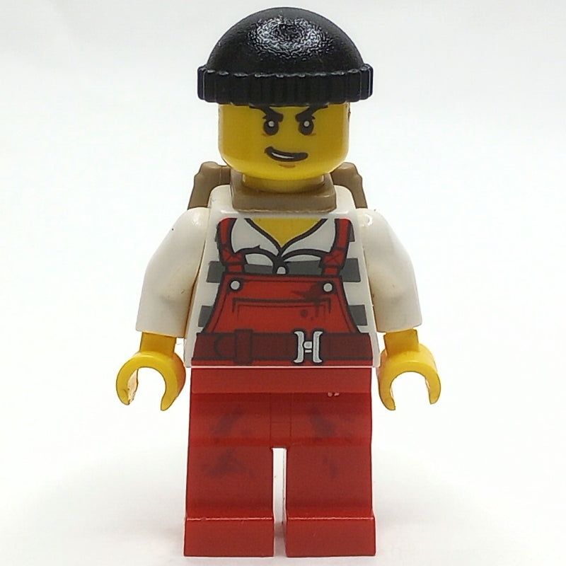 fig-007896 – Criminal, Red Overalls over Prison Shirt, Black Hat, Dark Tan Backpack