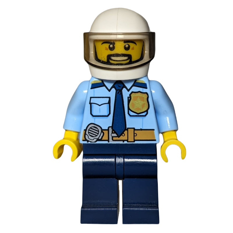 fig-007900 – Policeman, Bright Light Blue Shirt with Dark Blue Tie, Badge, and Radio on Belt, White Helmet with Visor, Beard