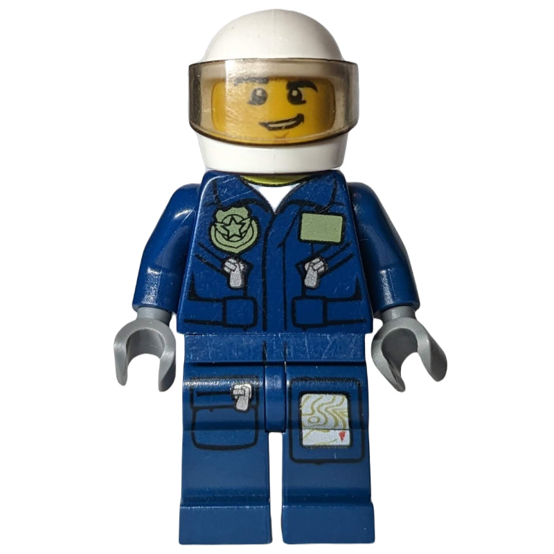 fig-007904 – Policeman, Dark Blue Jacket with Pockets and Badge, White Helmet with Visor, Open Mouth