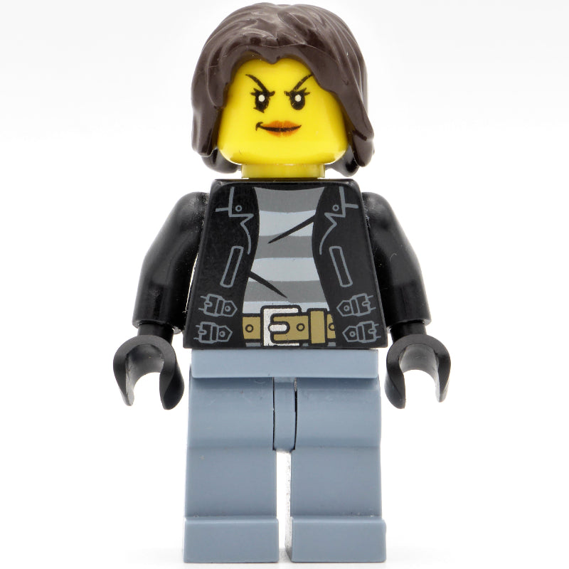 fig-007905 – Criminal, Woman, Open Black Jacket over Prison Shirt, Dark Brown Hair