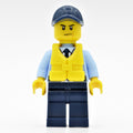 fig-007906 – Policeman, Bright Light Blue Jacket with Zipper, Radio, Badge, and Tie, Dark Blue Legs, Dark Blue Cap, Yellow Life Vest