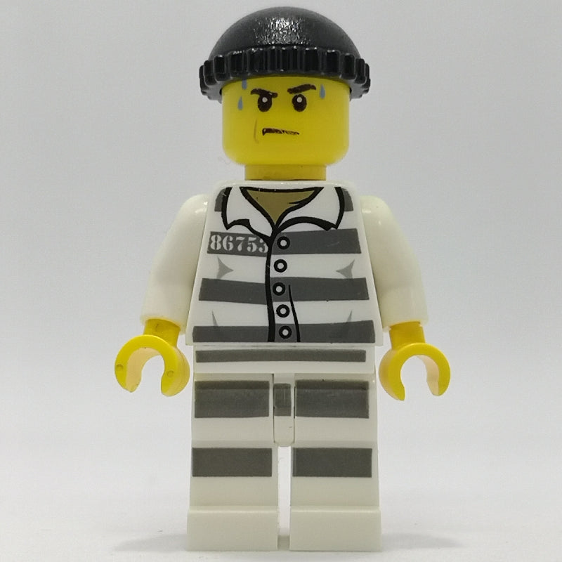 fig-007909 – Criminal, Prison Shirt with #86753, Prison Striped Legs, Black Hat