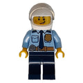 fig-007910 – Policeman, Bright Light Blue Shirt with Dark Blue Tie, Badge, and Radio on Belt, White Helmet with Visor, Scar