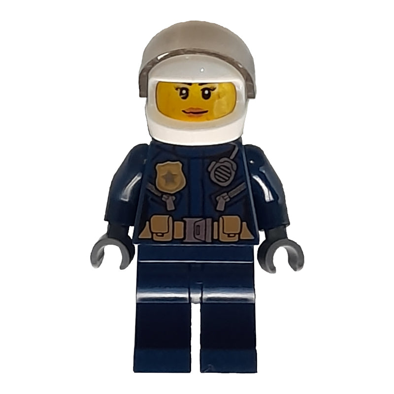 fig-007911 – Policewoman, Dark Blue Jacket with Radio, Badge, and Belt with Pouches, White Helmet with Trans-Brown Visor