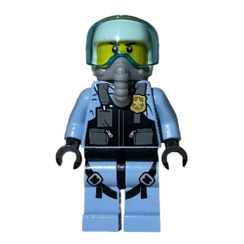 fig-007916 – Policeman, Pilot, Black Vest with Badge and Pouches, White Helmet with Visor, Breathing Apparatus