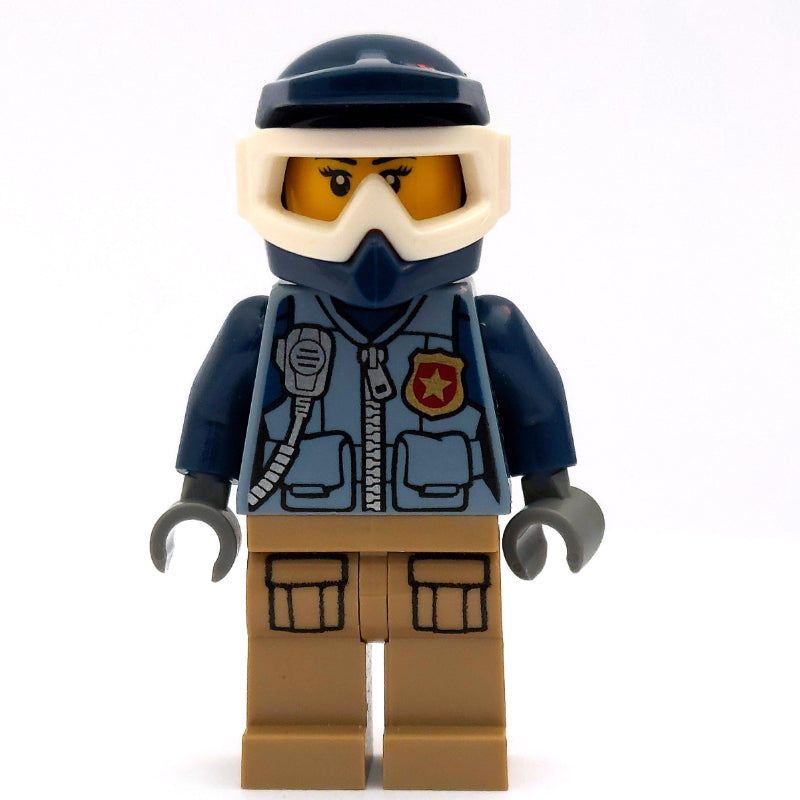 fig-007921 – Policewoman, Sand Blue Vest with Zipper, Radio, Badge and Pouches, Tan Legs, Dark Blue Dirt Bike Helmet with Goggles