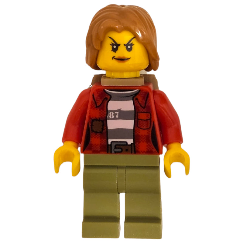 fig-007922 – Criminal, Woman, Open Red Flannel Shirt over Prison Shirt, Medium Nougat Hair, Backpack