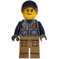 fig-007924 – Policewoman, Sand Blue Vest with Zipper, Radio, Badge and Pouches, Tan Legs, Dark Blue Cap with Hair