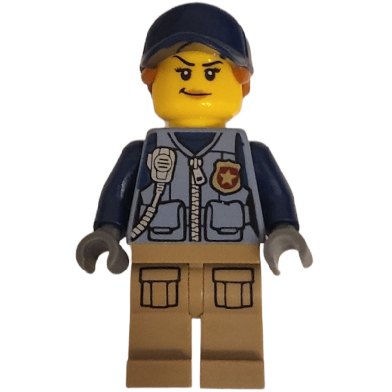 fig-007924 – Policewoman, Sand Blue Vest with Zipper, Radio, Badge and Pouches, Tan Legs, Dark Blue Cap with Hair