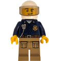 fig-007925 – Policeman, Dark Blue Shirt with Radio and Badge, Dark Tan Legs, White Helmet with Visor