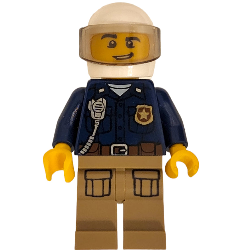 fig-007925 – Policeman, Dark Blue Shirt with Radio and Badge, Dark Tan Legs, White Helmet with Visor