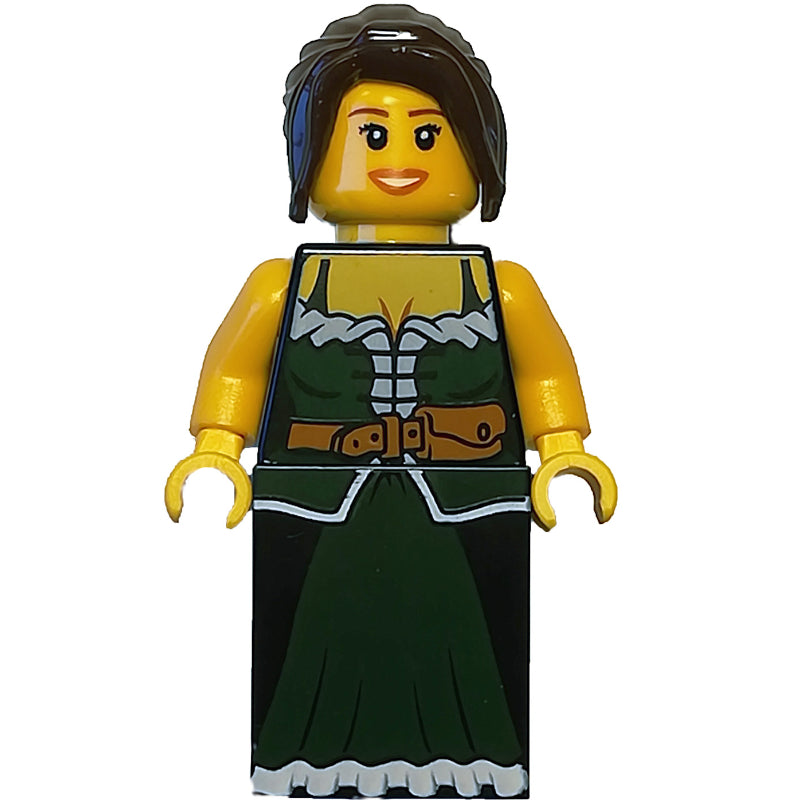 fig-007929 – Barmaid - Dark Green Torso, Dark Bluish Grey Slope for Legs, Dark Brown Hair