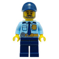 fig-007933 – Policeman, Bright Light Blue Shirt with Dark Blue Tie, Badge, and Radio on Belt, Dark Blue Cap, Beard