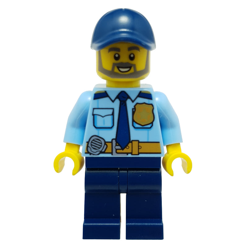 fig-007933 – Policeman, Bright Light Blue Shirt with Dark Blue Tie, Badge, and Radio on Belt, Dark Blue Cap, Beard