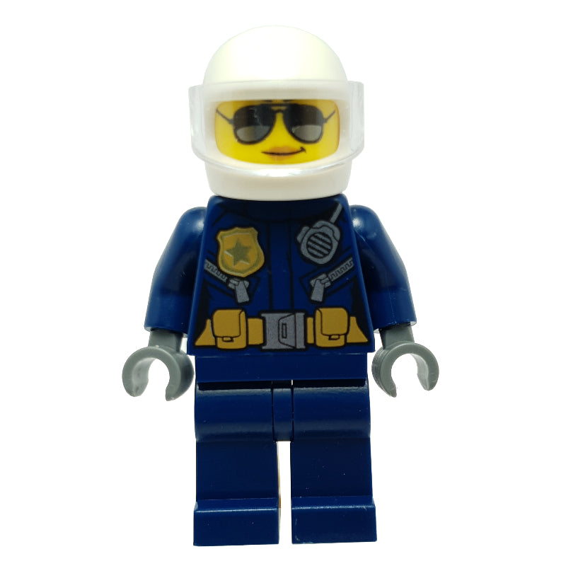 fig-007934 – Policewoman, Dark Blue Jacket with Radio, Badge, and Belt with Pouches, White Helmet with Trans-Clear Visor, Sunglasses