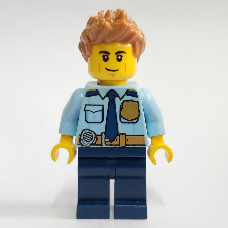 fig-007936 – Policeman, Bright Light Blue Shirt with Dark Blue Tie, Badge, and Radio on Belt, Medium Nougat Spiked Hair