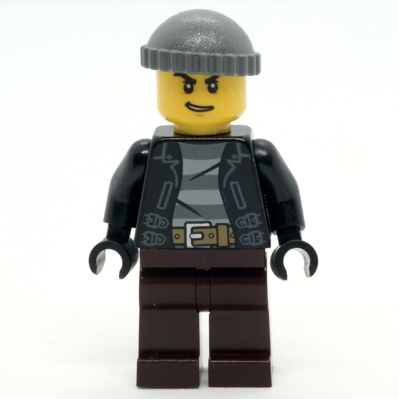 fig-007941 – Criminal, Open Black Jacket over Prison Shirt, Dark Brown Legs, Dark Bluish Gray Hat
