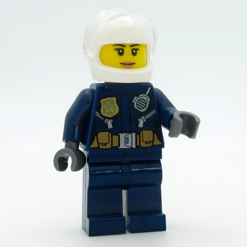 fig-007944 – Policewoman, Dark Blue Jacket with Radio, Badge, and Belt with Pouches, White Helmet with Trans-Clear Visor