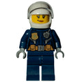 fig-007952 – Policewoman, Dark Blue Jacket with Radio, Badge, and Belt with Pouches, White Helmet with Trans-Clear Visor, Smirk