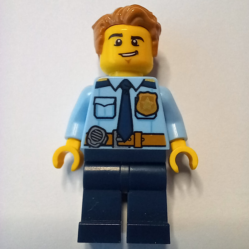 fig-007953 – Policeman, Bright Light Blue Shirt with Dark Blue Tie, Badge, and Radio on Belt, Medium Nougat Hair