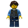 fig-007957 – Policewoman, Dark Bluish Gray Vest with Radio, Badge and Pouches over Medium Blue Shirt, Dark Brown Hair