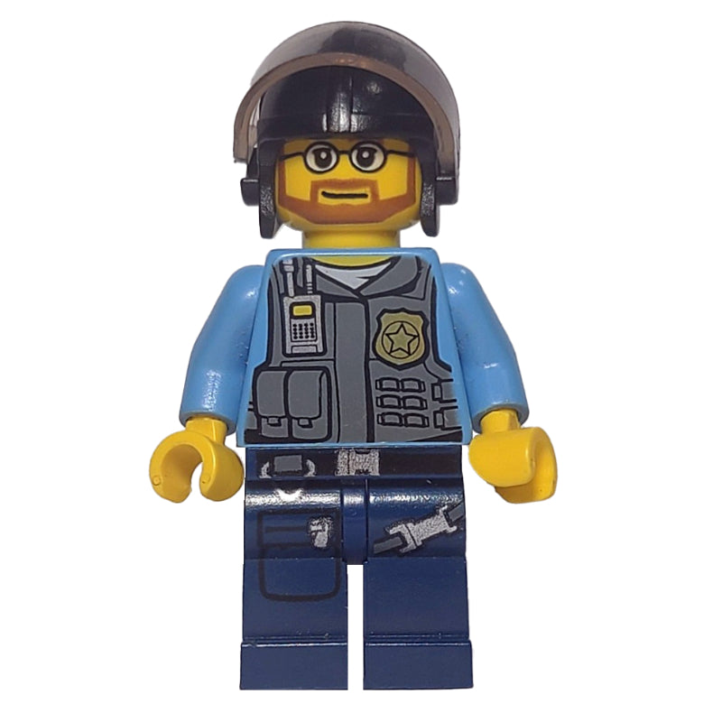 fig-007960 – Policeman, Dark Bluish Gray Vest with Radio, Badge and Pouches over Medium Blue Shirt, Black Helmet with Visor, Beard and Glasses