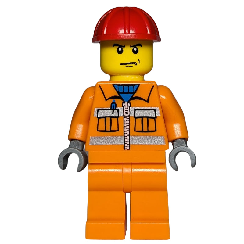 fig-007961 – Construction Worker, Orange Jacket with Zipper and Reflective Stripes, Orange Legs, Red Hard Hat