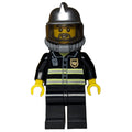 fig-007962 – Fireman, Black Fire Jacket with Radio and Badge, Silver Helmet with Visor, Airtanks, Breathing Apparatus, Beard