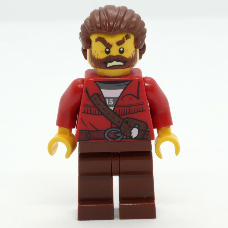 fig-007963 – Criminal, Red Jacket over Prison Shirt, Reddish Brown Hair, Beard