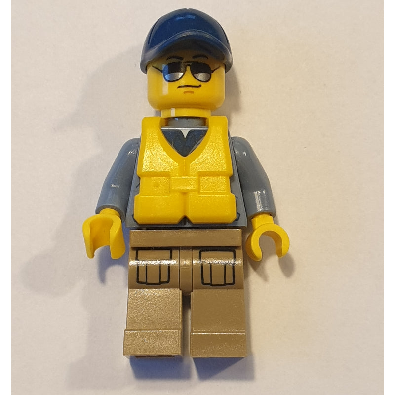 fig-007964 – Policeman, Sand Blue Jacket with Pockets and 'POLICE' on Back, Dark Blue Cap, Yellow Life Vest, Sunglasses