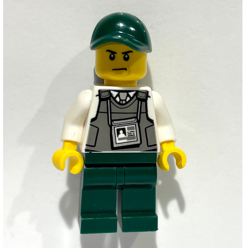 fig-007965 – Security Guard, Dark Bluish Gray Vest with ID Badge, Dark Green Cap