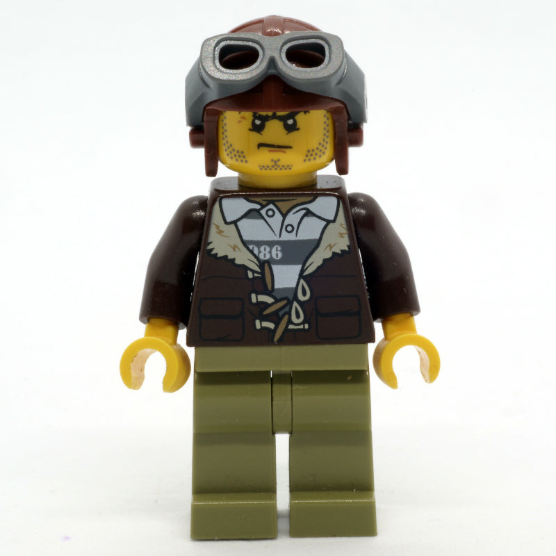 fig-007968 – Criminal, Open Dark Brown Jacket over Prison Shirt, Reddish Brown Hat with Goggles