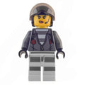 fig-007977 – Criminal, Woman, Open Dark Bluish Gray Jacket with Zipper over Prison Shirt, Black Helmet with Visor