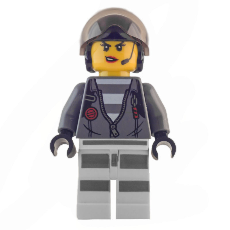 fig-007977 – Criminal, Woman, Open Dark Bluish Gray Jacket with Zipper over Prison Shirt, Black Helmet with Visor