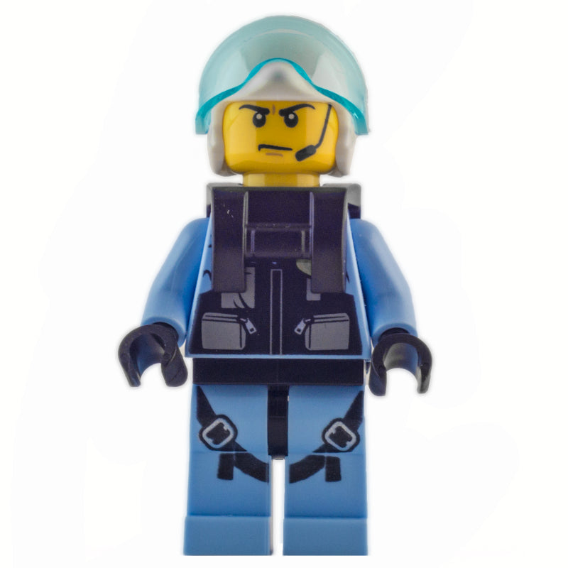 fig-007978 – Policeman, Black Vest with Badge and Pouches over Bright Light Blue Shirt, White Helmet with Visor, Neck Bracket, Headset