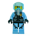 fig-007979 – Policeman, Black Vest with Badge and Pouches over Bright Light Blue Shirt, White Helmet with Visor, Breathing Apparatus