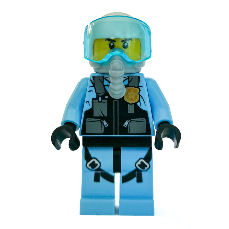 fig-007979 – Policeman, Black Vest with Badge and Pouches over Bright Light Blue Shirt, White Helmet with Visor, Breathing Apparatus