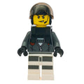 fig-007981 – Criminal, Open Dark Bluish Gray Jacket with Zipper over Prison Shirt, Black Helmet with Visor, Neck Bracket, Headset