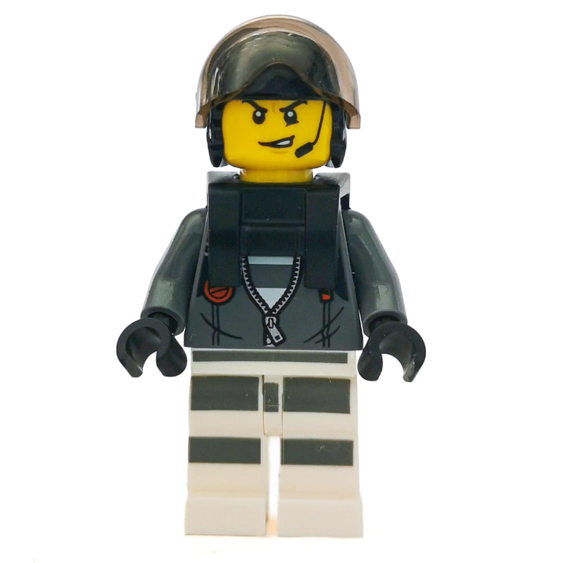 fig-007981 – Criminal, Open Dark Bluish Gray Jacket with Zipper over Prison Shirt, Black Helmet with Visor, Neck Bracket, Headset