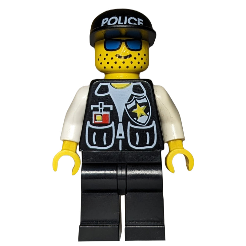 fig-007984 – Policeman, Black Vest with Badge and Pockets, Black Legs, Black Cap with 'POLICE', Blue Sunglasses