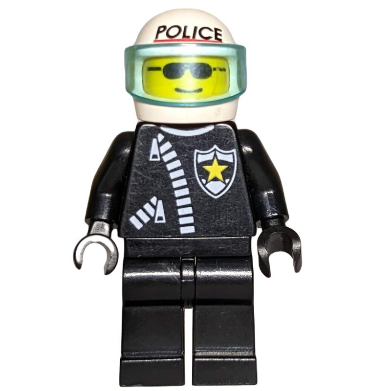fig-007985 – Policeman, Black Jacket with Zipper and Badge, White Helmet with Visor, Sunglasses