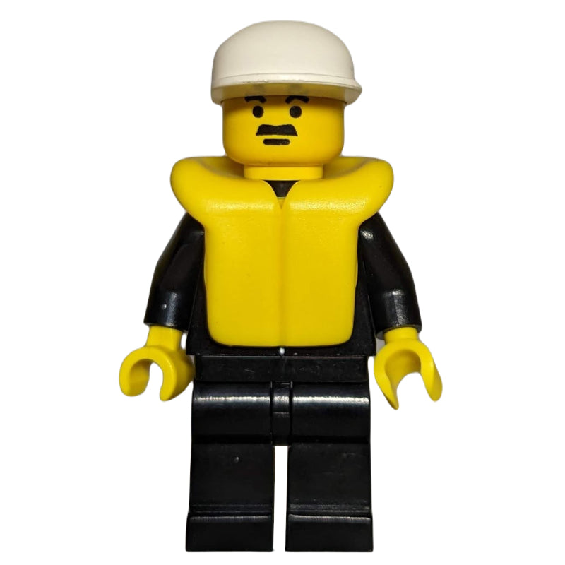 fig-007986 – Policeman, Black Suit with Tie and Badge, White Cap, Yellow Life Vest, Moustache