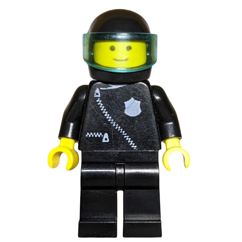 fig-007987 – Policeman, Black Jacket with Zipper and Badge, Black Helmet with Visor