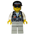 fig-007989 – Policeman, Black Vest with Badge and Pockets, Light Gray Legs, Black Cap with 'POLICE', Blue Sunglasses